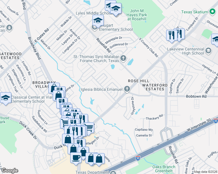 map of restaurants, bars, coffee shops, grocery stores, and more near 936 Meadowdale Circle in Garland