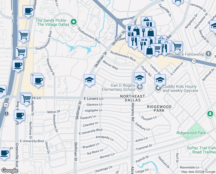 map of restaurants, bars, coffee shops, grocery stores, and more near 6221 Crestmont Drive in Dallas
