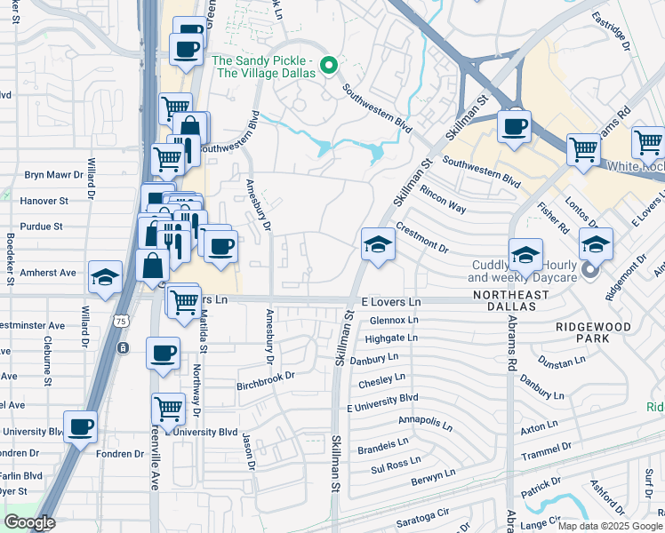 map of restaurants, bars, coffee shops, grocery stores, and more near 6060 Village Bend Drive in Dallas