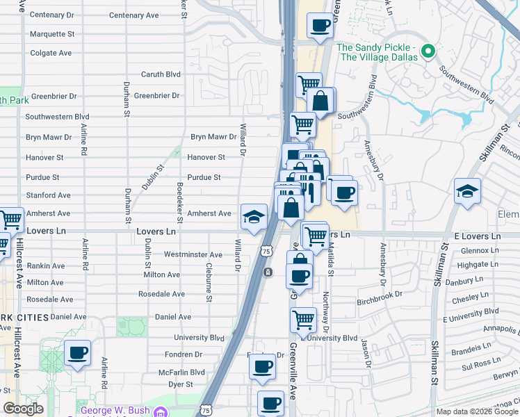 map of restaurants, bars, coffee shops, grocery stores, and more near 7817 Stanford Avenue in Dallas