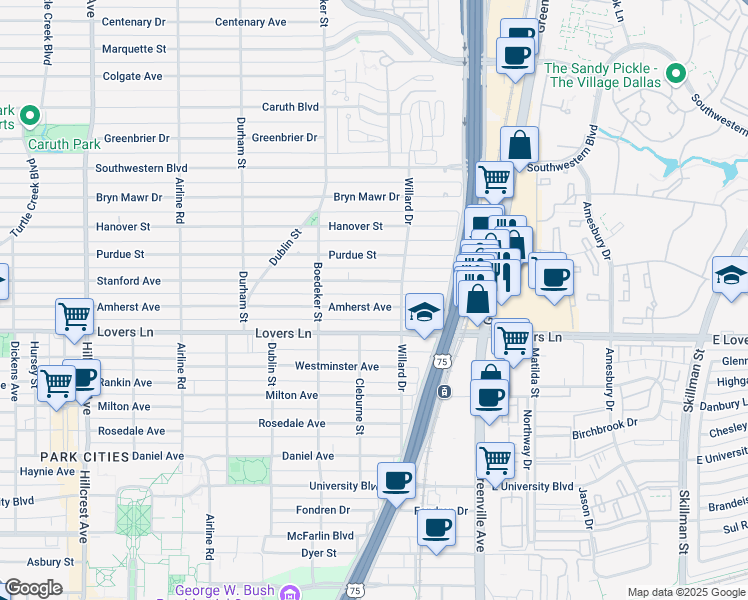 map of restaurants, bars, coffee shops, grocery stores, and more near 2708 Stanford Avenue in Dallas