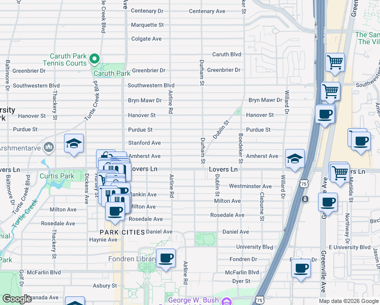 map of restaurants, bars, coffee shops, grocery stores, and more near 3120-3128 Stanford Avenue in Dallas