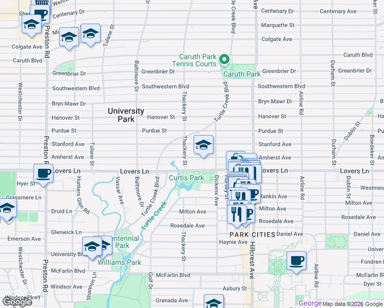 map of restaurants, bars, coffee shops, grocery stores, and more near 3544 Stanford Avenue in Dallas