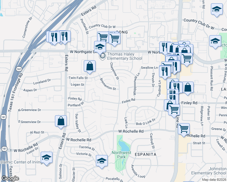 map of restaurants, bars, coffee shops, grocery stores, and more near 3825 Bremerton Street in Irving