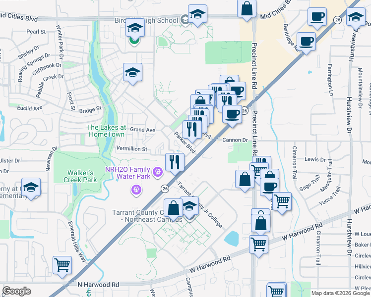 map of restaurants, bars, coffee shops, grocery stores, and more near 6041 Parker Boulevard in North Richland Hills