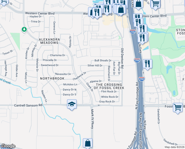 map of restaurants, bars, coffee shops, grocery stores, and more near 2649 Chadwick Drive in Fort Worth