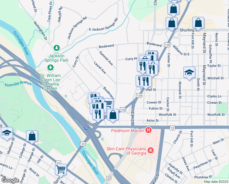 map of restaurants, bars, coffee shops, grocery stores, and more near 776 North Avenue in Macon