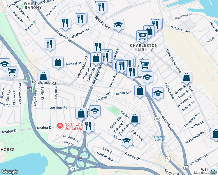 map of restaurants, bars, coffee shops, grocery stores, and more near 2198 Carver Avenue in North Charleston