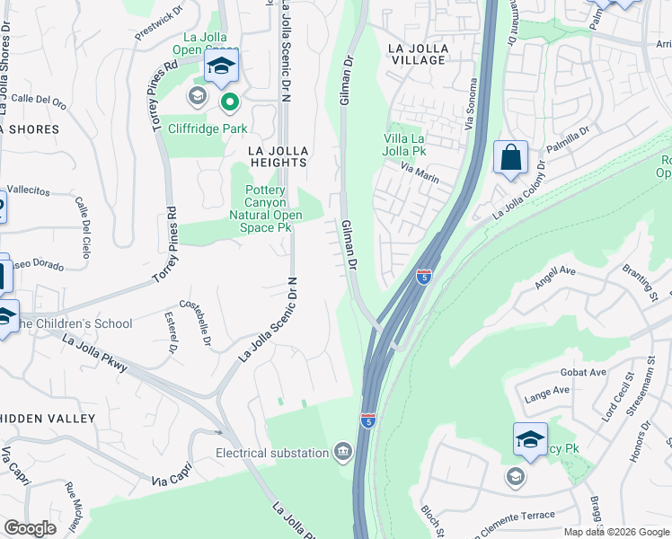 map of restaurants, bars, coffee shops, grocery stores, and more near 8080 Gilman Court in San Diego