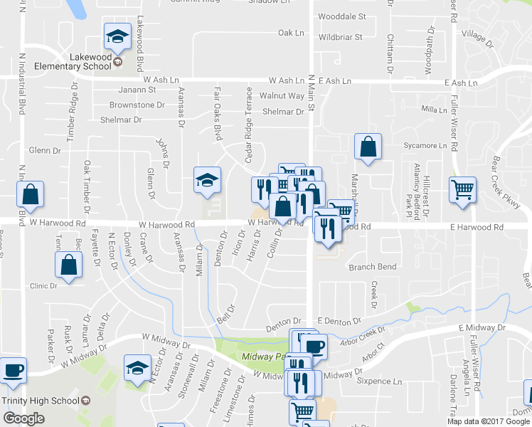 map of restaurants, bars, coffee shops, grocery stores, and more near 230 West Harwood Road in Euless