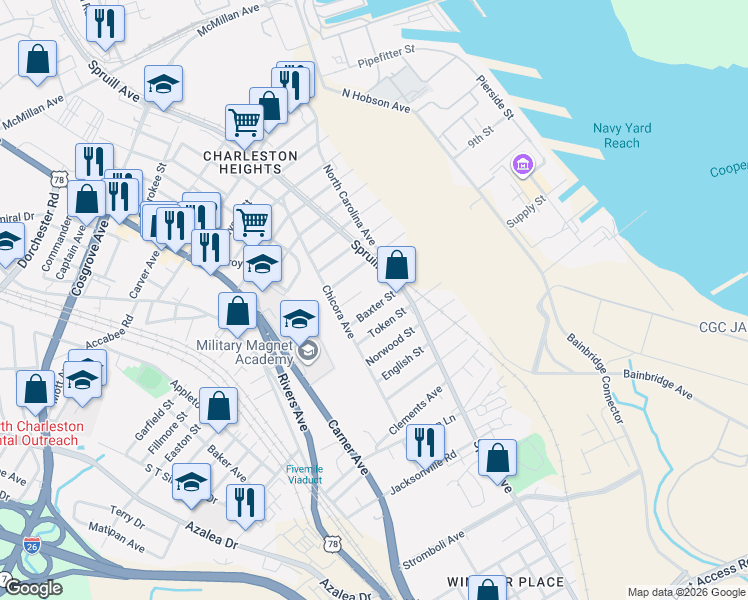 map of restaurants, bars, coffee shops, grocery stores, and more near 3027 Iris Street in North Charleston