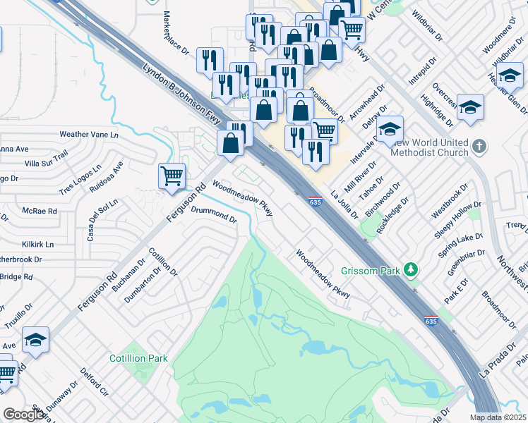 map of restaurants, bars, coffee shops, grocery stores, and more near 11321 Woodmeadow Parkway in Dallas