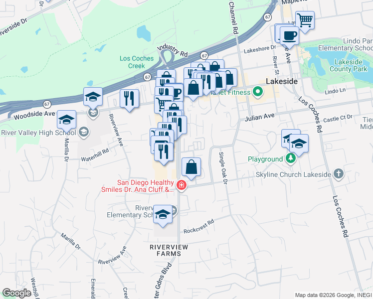 map of restaurants, bars, coffee shops, grocery stores, and more near 9624 Nectarine Drive in Lakeside