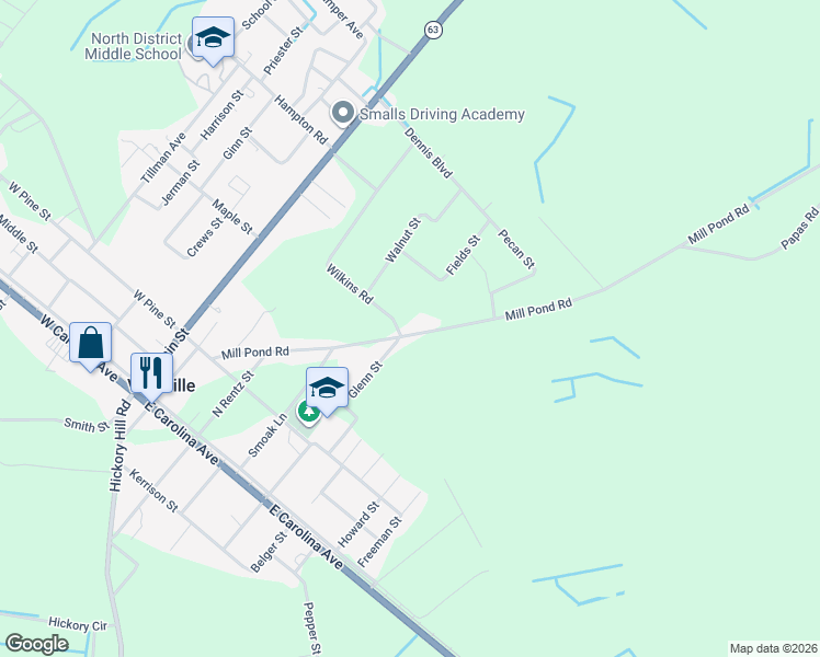 map of restaurants, bars, coffee shops, grocery stores, and more near 485 Mill Pond Road in Varnville