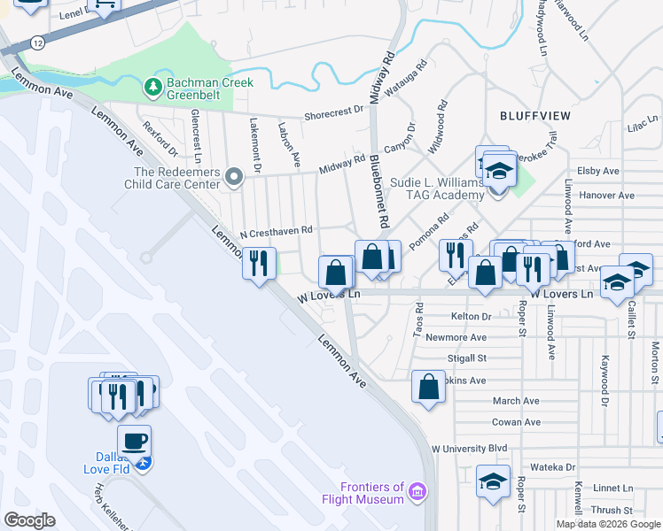 map of restaurants, bars, coffee shops, grocery stores, and more near 8311 Midway Road in Dallas