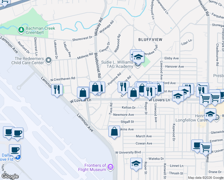 map of restaurants, bars, coffee shops, grocery stores, and more near 4320 Pomona Road in Dallas