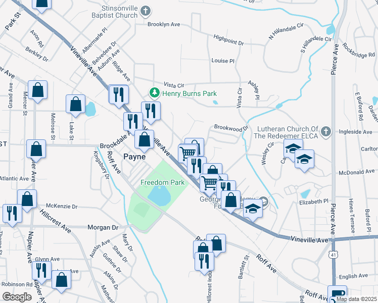 map of restaurants, bars, coffee shops, grocery stores, and more near 3142 Ridge Avenue in Macon