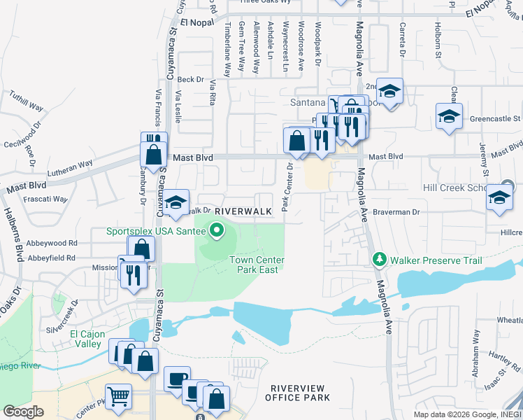map of restaurants, bars, coffee shops, grocery stores, and more near 10127 Little Leaf Lane in Santee