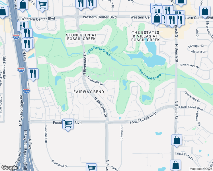 map of restaurants, bars, coffee shops, grocery stores, and more near 5960 Travertine Lane in Fort Worth
