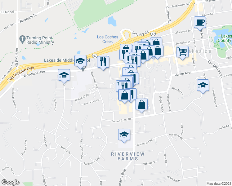 map of restaurants, bars, coffee shops, grocery stores, and more near 9655 Mountainview Heights in Lakeside