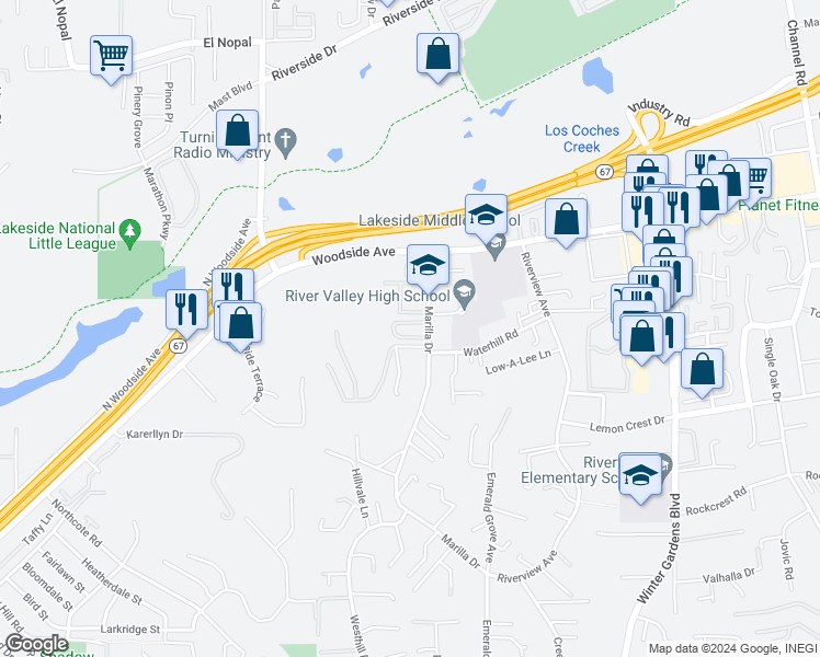 map of restaurants, bars, coffee shops, grocery stores, and more near 9728 Marilla Drive in Lakeside