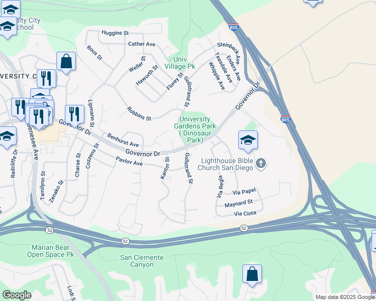 map of restaurants, bars, coffee shops, grocery stores, and more near 4850 Governor Drive in San Diego