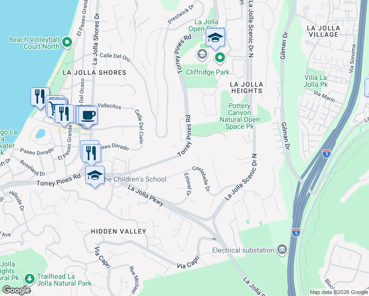 map of restaurants, bars, coffee shops, grocery stores, and more near 2830 Torrey Pines Road in San Diego