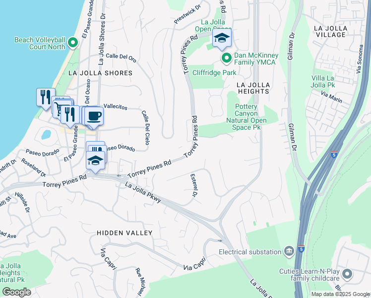 map of restaurants, bars, coffee shops, grocery stores, and more near 2830 Torrey Pines Road in San Diego