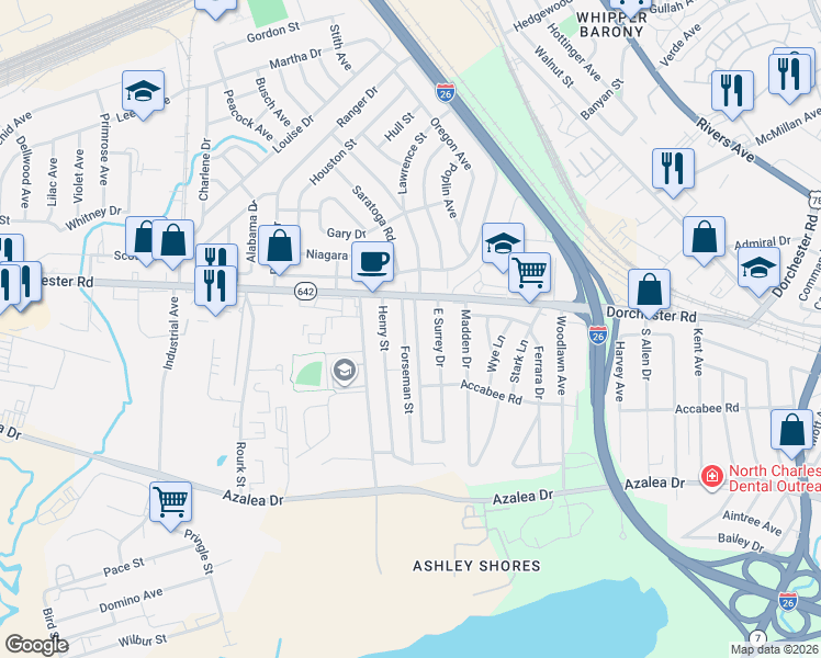 map of restaurants, bars, coffee shops, grocery stores, and more near 2706 West Surrey Drive in North Charleston