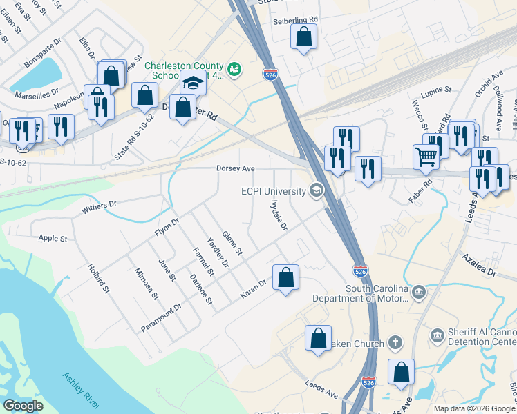map of restaurants, bars, coffee shops, grocery stores, and more near 4762 Lang Ridge Drive in North Charleston