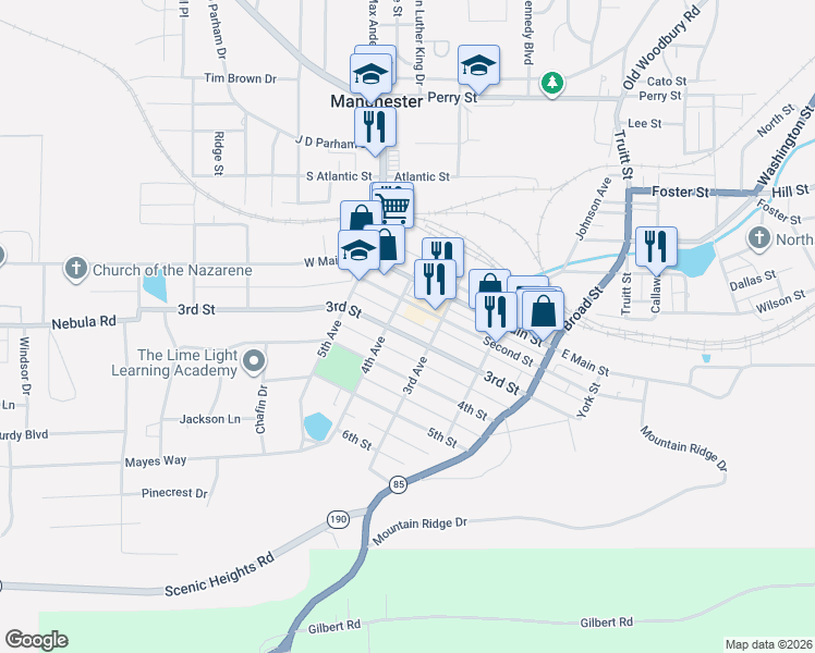 map of restaurants, bars, coffee shops, grocery stores, and more near 305 West Main Street in Manchester