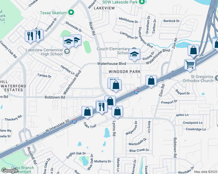 map of restaurants, bars, coffee shops, grocery stores, and more near 5213 Welbeck Court in Garland