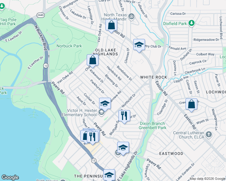 map of restaurants, bars, coffee shops, grocery stores, and more near 539 Blanning Drive in Dallas