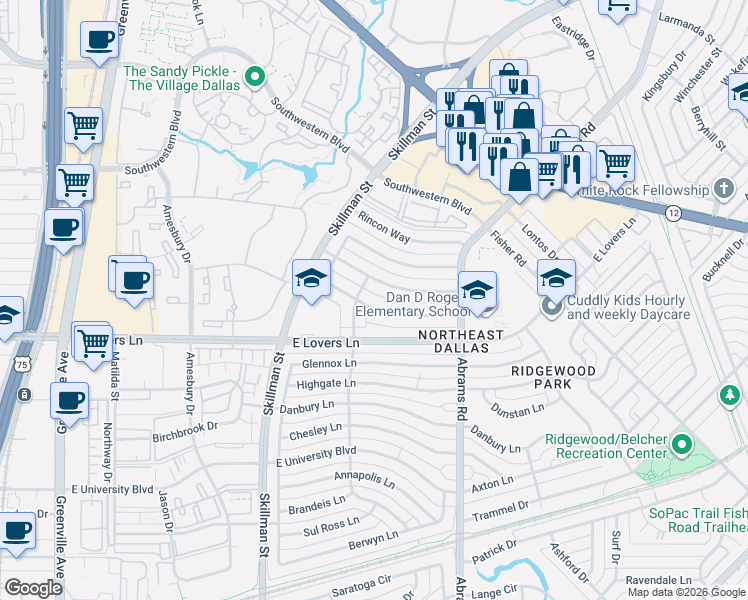 map of restaurants, bars, coffee shops, grocery stores, and more near 6221 Crestmont Drive in Dallas