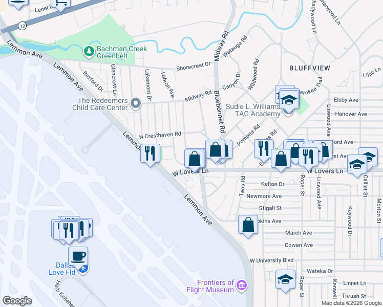 map of restaurants, bars, coffee shops, grocery stores, and more near 8311 Midway Road in Dallas