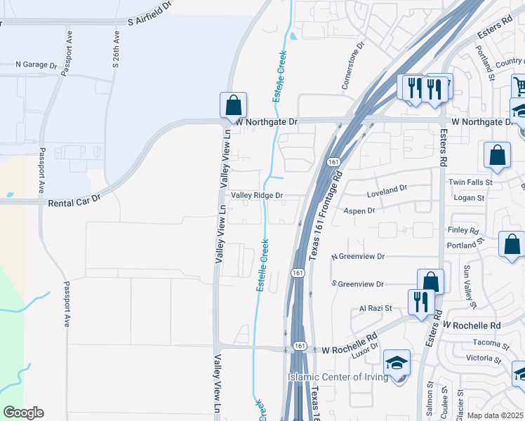 map of restaurants, bars, coffee shops, grocery stores, and more near 4902 Valley Ridge Drive in Irving