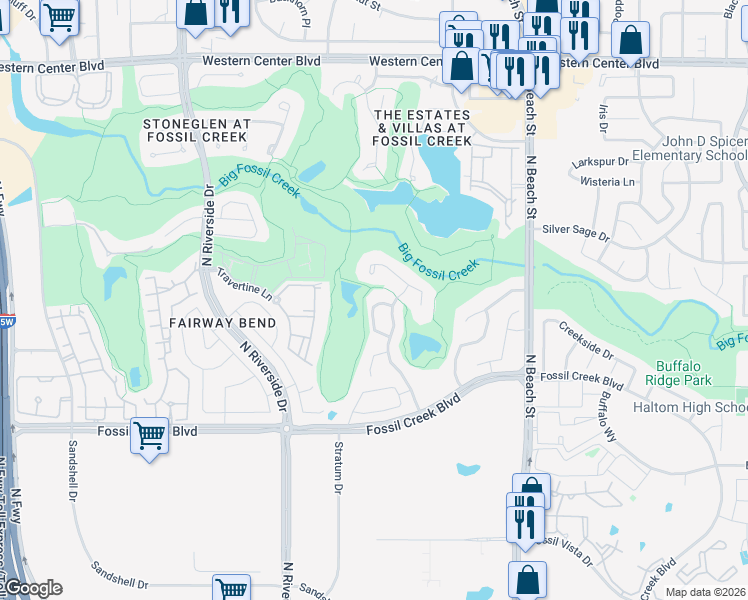 map of restaurants, bars, coffee shops, grocery stores, and more near 4152 Shores Court in Fort Worth