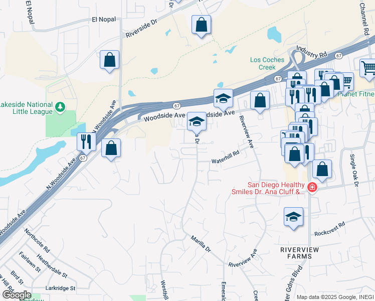 map of restaurants, bars, coffee shops, grocery stores, and more near 9728 Marilla Drive in Lakeside