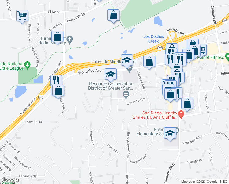map of restaurants, bars, coffee shops, grocery stores, and more near 9669 Marilla Drive in Lakeside