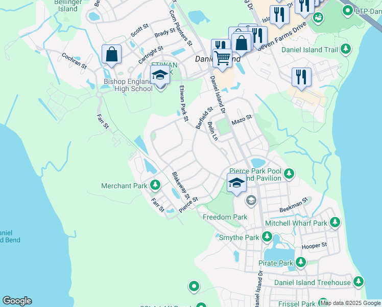 map of restaurants, bars, coffee shops, grocery stores, and more near 1035 Barfield Street in Charleston