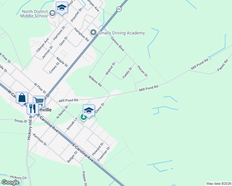 map of restaurants, bars, coffee shops, grocery stores, and more near 485 Mill Pond Road in Varnville