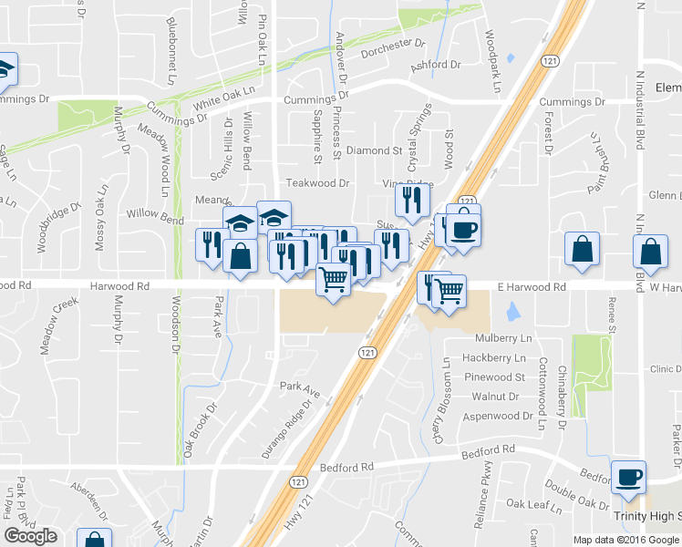 map of restaurants, bars, coffee shops, grocery stores, and more near 3237 Harwood Road in Bedford