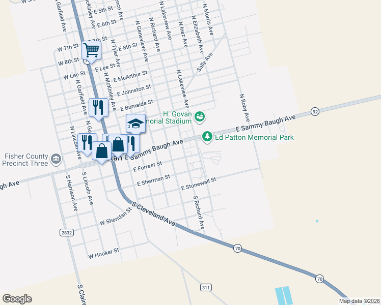 map of restaurants, bars, coffee shops, grocery stores, and more near 606 East Sammy Baugh Avenue in Rotan