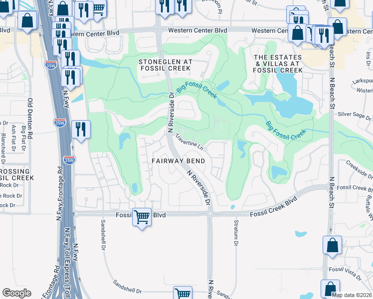 map of restaurants, bars, coffee shops, grocery stores, and more near 6032 Travertine Lane in Fort Worth