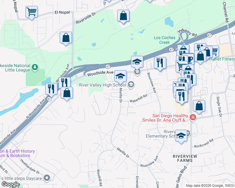map of restaurants, bars, coffee shops, grocery stores, and more near 9656 Marilla Drive in Lakeside