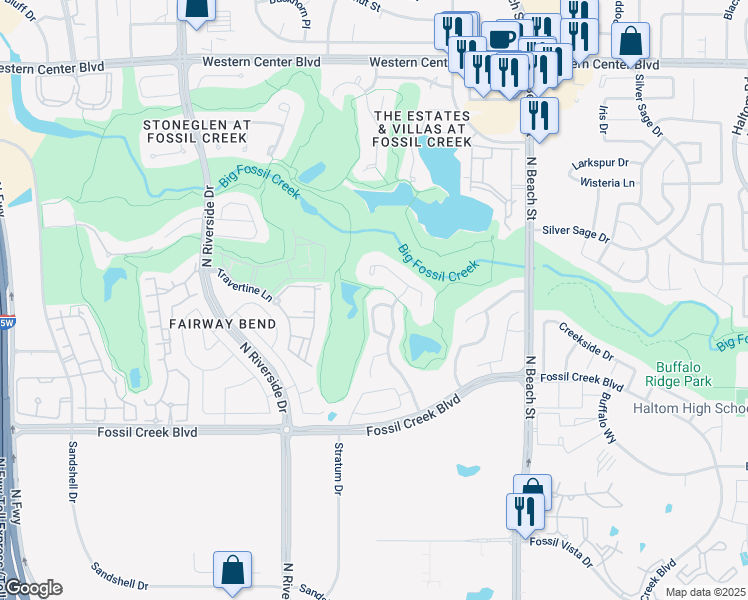 map of restaurants, bars, coffee shops, grocery stores, and more near 4152 Shores Court in Fort Worth