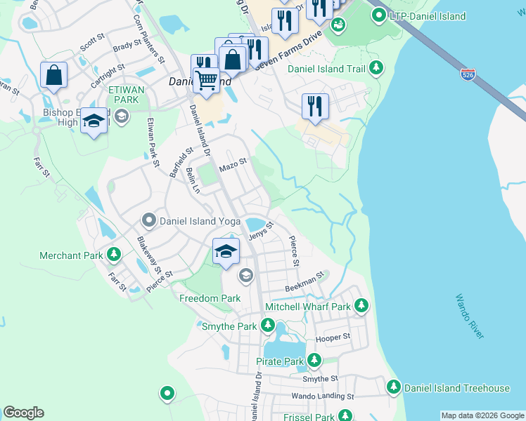 map of restaurants, bars, coffee shops, grocery stores, and more near 1182 Barfield Street in Charleston