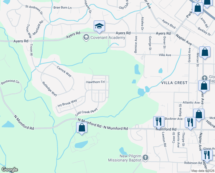 map of restaurants, bars, coffee shops, grocery stores, and more near 245 Hawthorn Trail in Macon