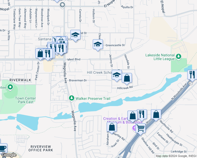 map of restaurants, bars, coffee shops, grocery stores, and more near 10660 Braverman Drive in Santee