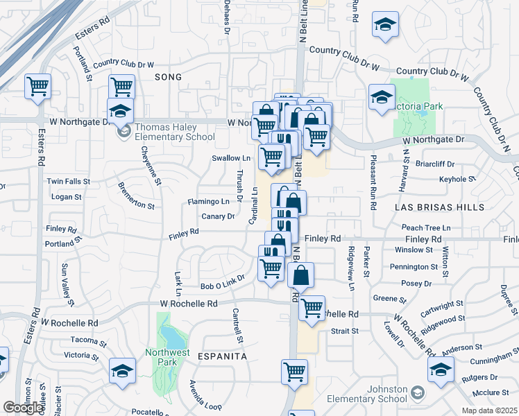 map of restaurants, bars, coffee shops, grocery stores, and more near 3400 Cardinal Lane in Irving